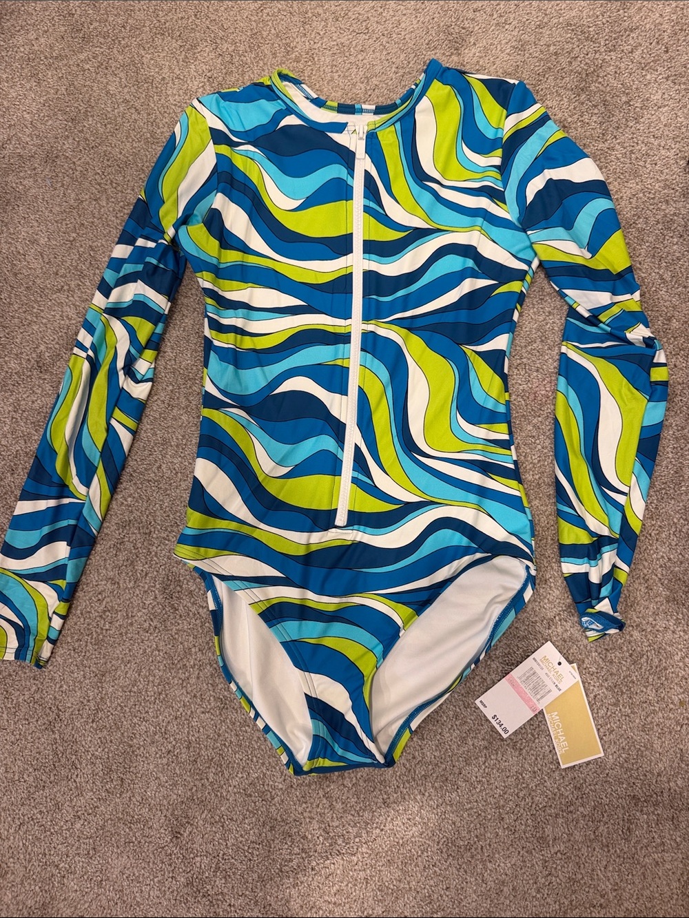 MICHAEL Michael Kors Blue, Teal & Lime Wave-Print Long-Sleeve One-Piece